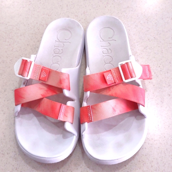 Chaco tie dye persimmon Alpine slide sandals white/orange size 10 EUC - Picture 2 of 8